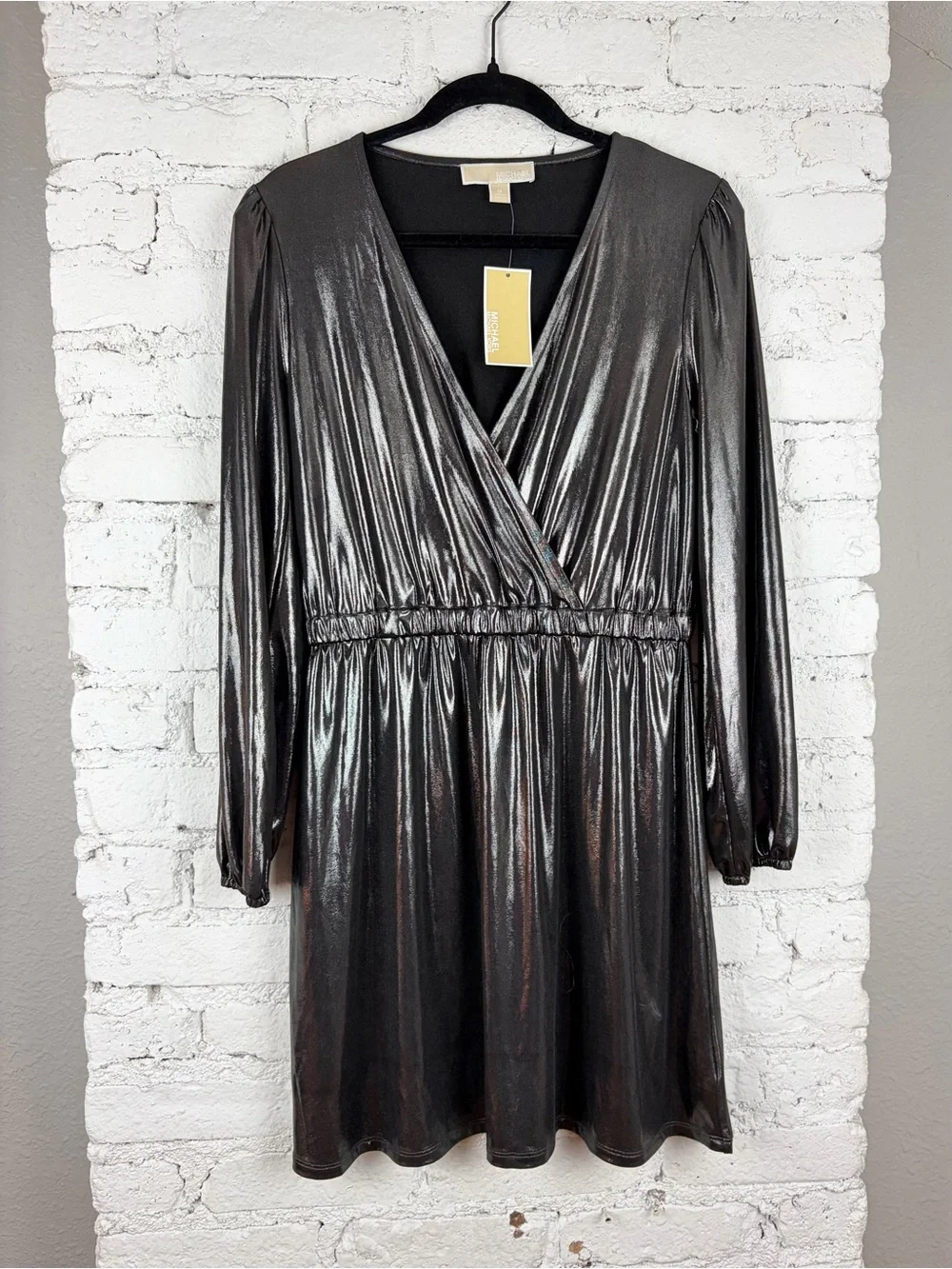 Michael Kors Pewter Grey Black Metallic Stretch Wrap Long Sleeve Dress Medium